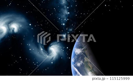 暗い宇宙から見た地球と星雲 115125999