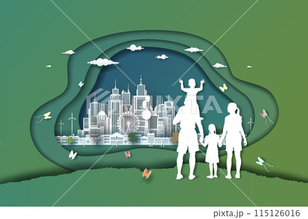 Family and park on green town. Paper art style 115126016