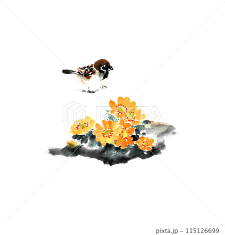 水墨画技法で描いた雪の中の福寿草と雀 115126699