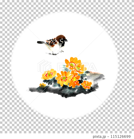 水墨画技法で描いた雪の中の福寿草と雀 115126699