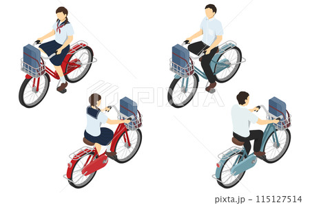 アイソメトリックイラスト：自転車に乗る男女の中学生(夏服) 115127514