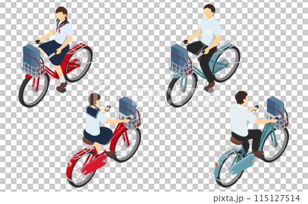 アイソメトリックイラスト：自転車に乗る男女の中学生(夏服) 115127514