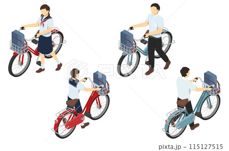 アイソメトリックイラスト：自転車を押す男女の中学生(夏服) 115127515
