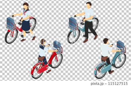 アイソメトリックイラスト：自転車を押す男女の中学生(夏服) 115127515