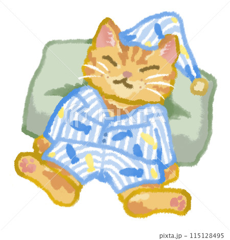 青いストライプのパジャマを着て眠る猫 115128495