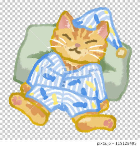 青いストライプのパジャマを着て眠る猫 115128495