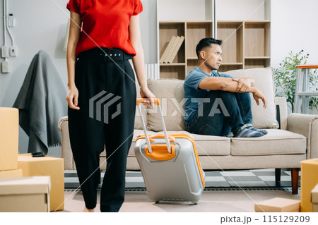 Divorce. Asian couples are desperate and disappointed after marriage. Husband and wife are sad, upset and frustrated after quarrels. family problem, teenage love. on sofa Divorce. Asian couples are desperate and disappointed after marriage. Husband and wife are sad, upset and frustrated after quarrels. family problem, teenage love. on sofa 115129209