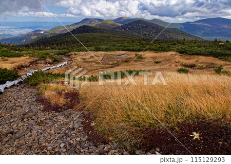 吾妻連峰・東大巓の湿原と縦走路の山並み 吾妻連峰・東大巓の湿原と縦走路の山並み 115129293