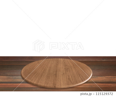 Round wooden board, wooden platform on the floor with shadow, product presentation mockup template. Copy the text area Round wooden board, wooden platform on the floor with shadow, product presentation mockup template. Copy the text area 115129372
