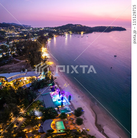 Aerial view of Bang Tao beach at sunset, in Phuket, Thailand 115129715