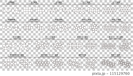 様々な形の正多面体、半正多面体の展開図のベクターイラストセット 115129760