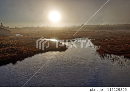 朝日差す吾妻連峰・弥兵衛平の湿原と明星湖 115129896