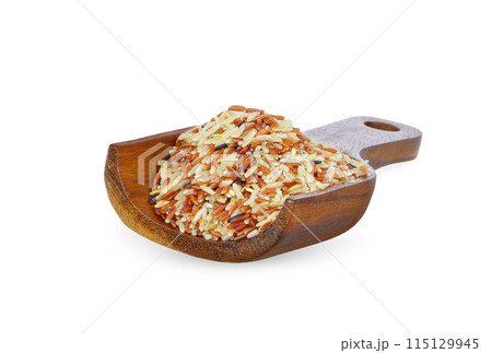 riceberry in wooden scoop isolated on white background. 115129945