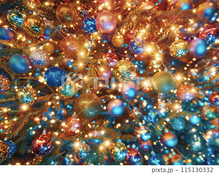 カラフルなクリスマスツリーの飾り　AI画像 115130332