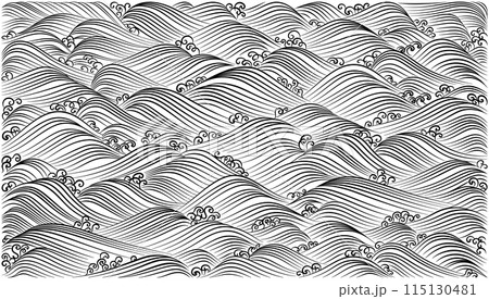 波と飛沫を描いた琳派のデザイン、尾形光琳の流水文 115130481