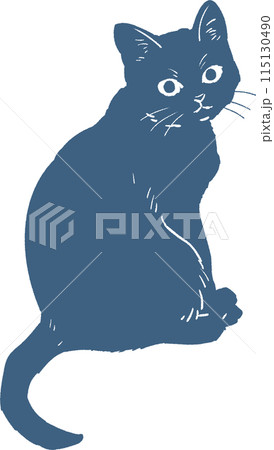 座ってこちらを振り向いている猫の全身モノクロイラスト 115130490