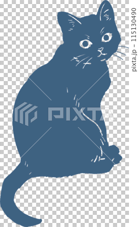 座ってこちらを振り向いている猫の全身モノクロイラスト 115130490