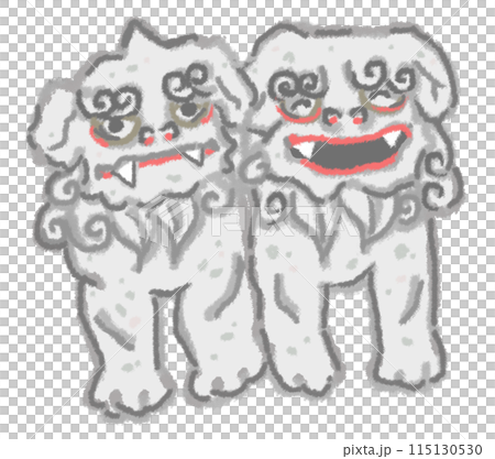 Illustration of a pair of guardian lion dogs at a shrine Illustration of a pair of guardian lion dogs at a shrine 115130530