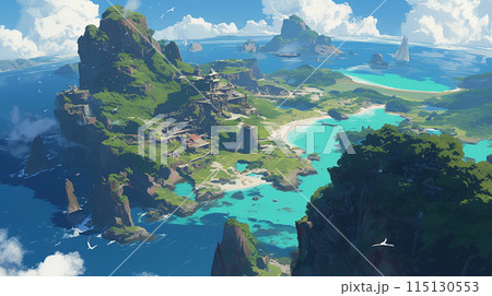 空から見た島の風景、美しい海 115130553