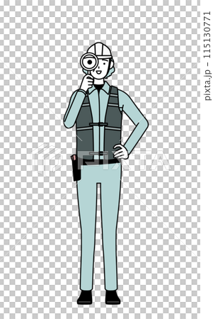 Senior female engineer in helmet and work clothes looking through a magnifying glass 115130771