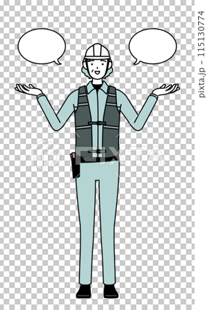 Senior female engineer in helmet and work clothes making a comparison with speech bubble Senior female engineer in helmet and work clothes making a comparison with speech bubble 115130774