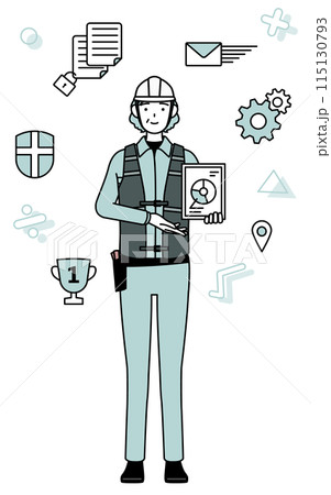 DXのイメージ、デジタル技術を利用して業務改善を行うヘルメットと作業着姿のシニア女性技師 DXのイメージ、デジタル技術を利用して業務改善を行うヘルメットと作業着姿のシニア女性技師 115130793