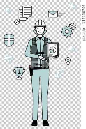 DXのイメージ、デジタル技術を利用して業務改善を行うヘルメットと作業着姿のシニア女性技師 DXのイメージ、デジタル技術を利用して業務改善を行うヘルメットと作業着姿のシニア女性技師 115130793