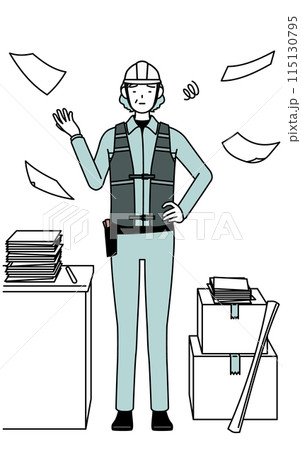 片付かない業務にうんざりするヘルメットと作業着姿のシニア女性技師 片付かない業務にうんざりするヘルメットと作業着姿のシニア女性技師 115130795