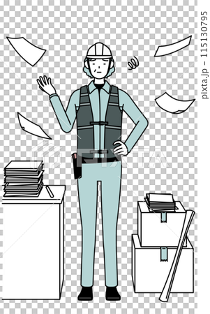 片付かない業務にうんざりするヘルメットと作業着姿のシニア女性技師 片付かない業務にうんざりするヘルメットと作業着姿のシニア女性技師 115130795