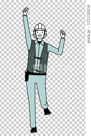 A senior female engineer in a helmet and work clothes jumping with a smile A senior female engineer in a helmet and work clothes jumping with a smile 115130816