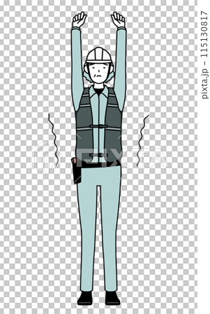 A senior female engineer in a helmet and work clothes stretching A senior female engineer in a helmet and work clothes stretching 115130817