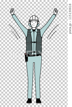 Senior female engineer in helmet and work clothes doing radio exercises Senior female engineer in helmet and work clothes doing radio exercises 115130818