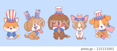 Independence Day. Cute festive dogs wearing clothes, accessories and party hats in colors of American flag collection. Isolated cartoon funny kawaii animal characters pet. Vector illustration. Independence Day. Cute festive dogs wearing clothes, accessories and party hats in colors of American flag collection. Isolated cartoon funny kawaii animal characters pet. Vector illustration. 115131001