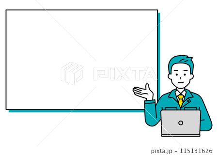 ホワイトボードで紹介するノートパソコンで仕事をしている作業員の男性 115131626