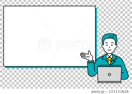 ホワイトボードで紹介するノートパソコンで仕事をしている作業員の男性 115131626