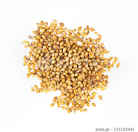 Aroma coriander seeds isolated on white background. Top view 115132041