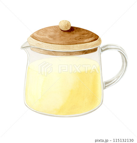 Ginger herbal tea in glass teapot with wooden lid watercolor illustration isolated on white background. Hand drawn organic hot beverage for traditional medicine during winter cold season Ginger herbal tea in glass teapot with wooden lid watercolor illustration isolated on white background. Hand drawn organic hot beverage for traditional medicine during winter cold season 115132130