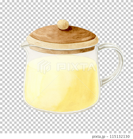 Ginger herbal tea in glass teapot with wooden lid watercolor illustration isolated on white background. Hand drawn organic hot beverage for traditional medicine during winter cold season Ginger herbal tea in glass teapot with wooden lid watercolor illustration isolated on white background. Hand drawn organic hot beverage for traditional medicine during winter cold season 115132130