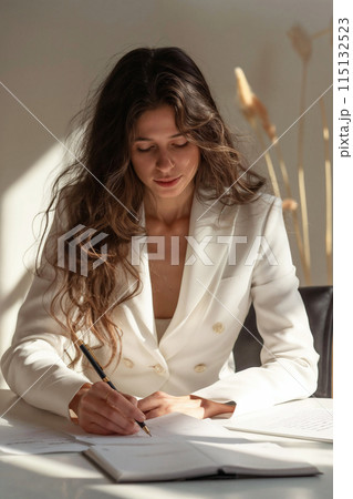 Young Woman Writing in Notebook at Desk 115132523