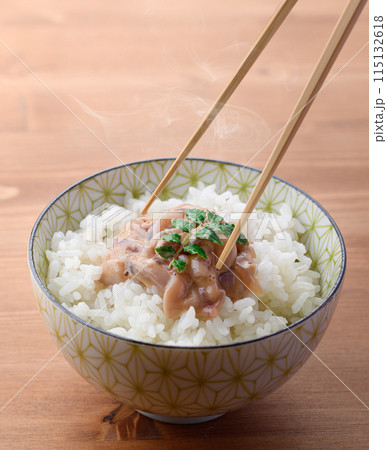 熱々のご飯にのせたイカの塩辛 115132618