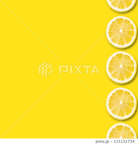 fresh sliced lemon pattern on yellow background. Top view and copy space. fresh sliced lemon pattern on yellow background. Top view and copy space. 115132734