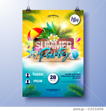 Summer Beach Party Flyer Design Template with Flower and Beach Ball on Tropical Island with Typography Lettering on Vintage Wood Board Background. Vector Summer Holiday Illustration with Exotic Palm 115132858