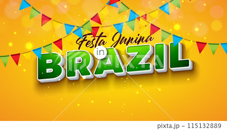 Festa Junina Illustration with Party Flags and 3d Brazil Letter on Yellow Background. Vector Brazil June Traditional Holiday Festival Design for Celebration Banner, Greeting Card, Invitation or Poster 115132889