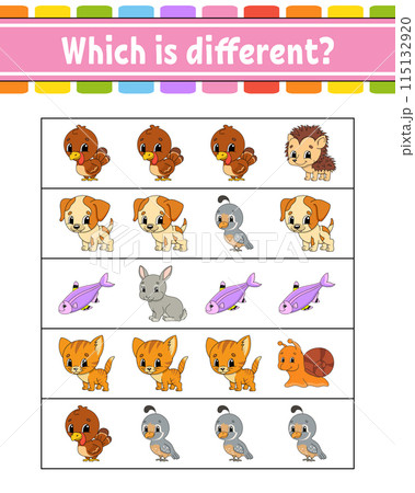 Which is different. Educational activity worksheet for kids and toddlers. Game for children. Vector illustration. Which is different. Educational activity worksheet for kids and toddlers. Game for children. Vector illustration. 115132920