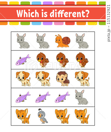 Which is different. Educational activity worksheet for kids and toddlers. Game for children. Vector illustration. Which is different. Educational activity worksheet for kids and toddlers. Game for children. Vector illustration. 115132921
