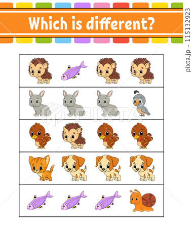 Which is different. Educational activity worksheet for kids and toddlers. Game for children. Vector illustration. Which is different. Educational activity worksheet for kids and toddlers. Game for children. Vector illustration. 115132923