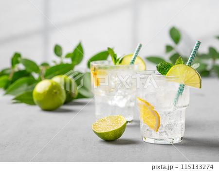 Two glasses of mojito cocktail or tonic with lemon, lime, mint and ice. Summer concept drink 115133274