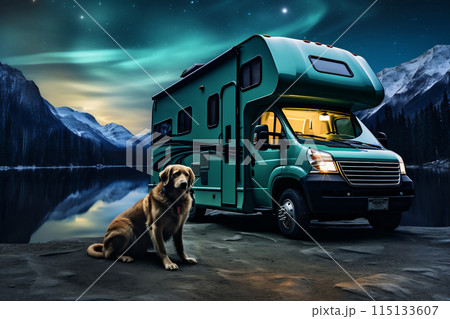 Dog sitting in front of green rv Dog sitting in front of green rv 115133607