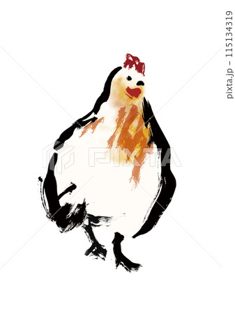 ニワトリの雌鶏の懐かしい田舎風和風手書き筆イラスト 115134319