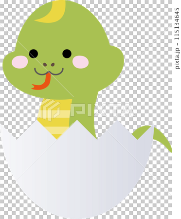 A cute snake character laughing as it peeks out of an egg shell 115134645